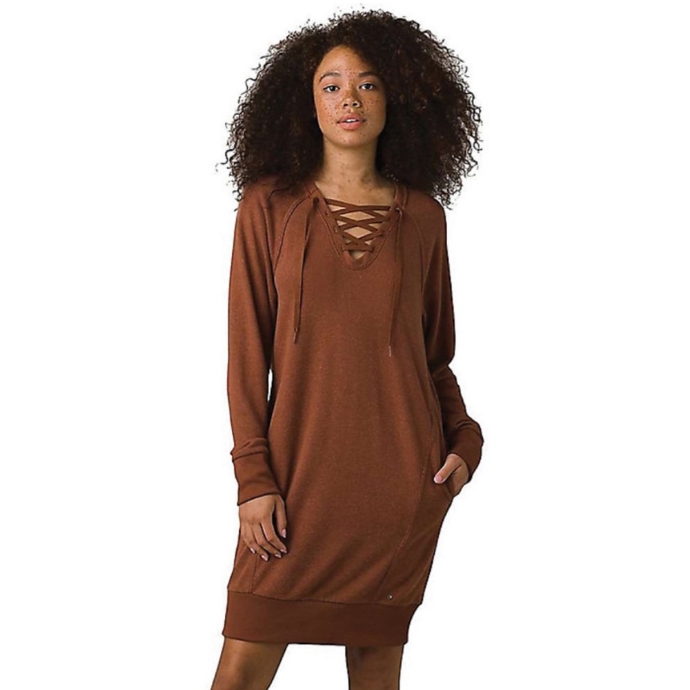 Prana Cozy Up Terry Dress Rose Heather Rust Casual Drawstring Hoodie Tunic S NWT
